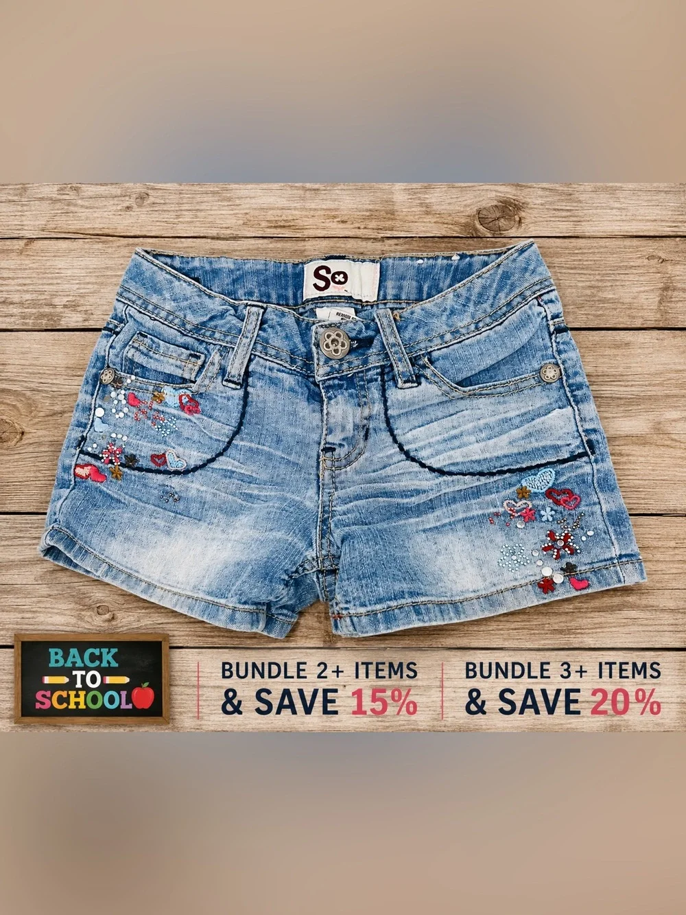 Girls' Light Blue Denim Shorts with Embroidered Hearts